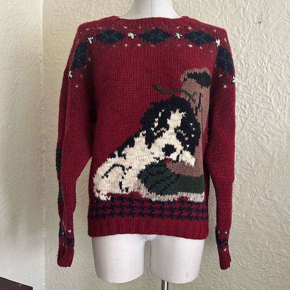 Woolrich Sweaters - Vintage 1980s Woolrich Puppy Dog Sweater 100% Wool Ladies Large Maroon Green
